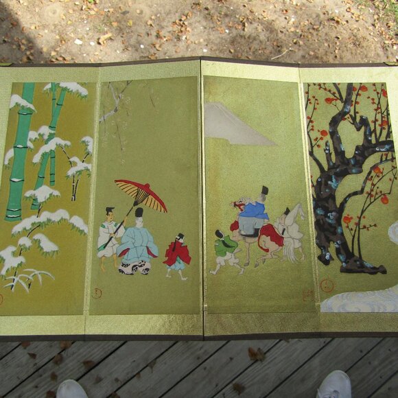 Vintage Japanese Miniature 4-Panel Folding Screen Tabletop Byōbu Art | Mt. Fuji - Picture 14 of 16